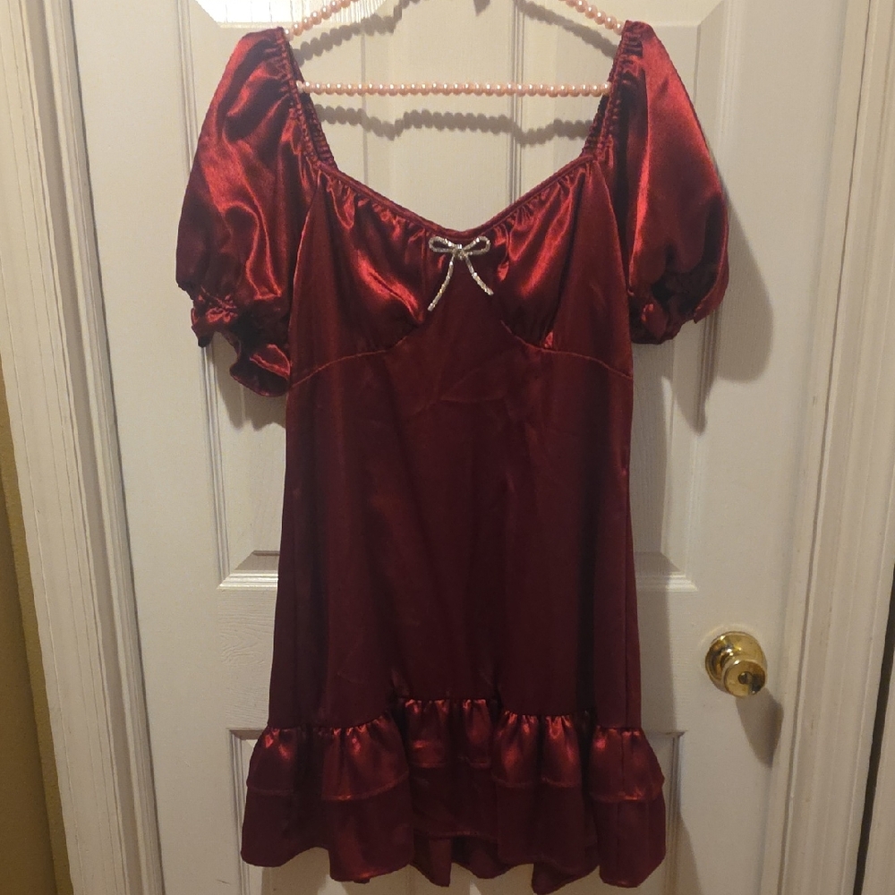 Red Satin Puff Sleeve Dress